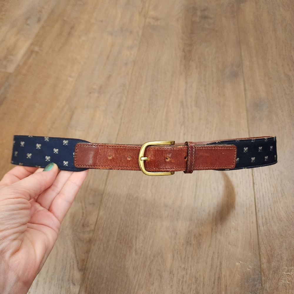 Vintage Trafalgar Belt Tennis Rackets Preppy Navy & Leather Men's size 36